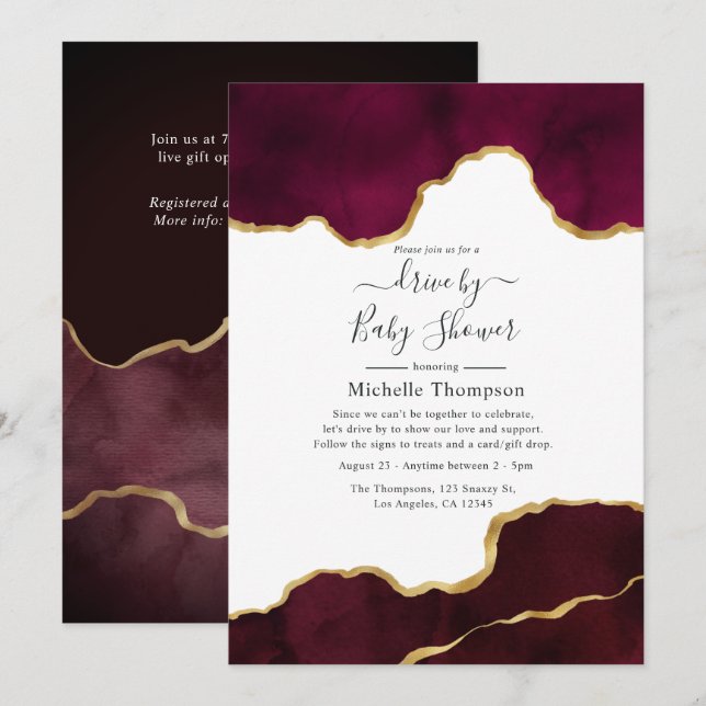 Burgundy and Gold Agate Drive By Shower Invitation (Front/Back)