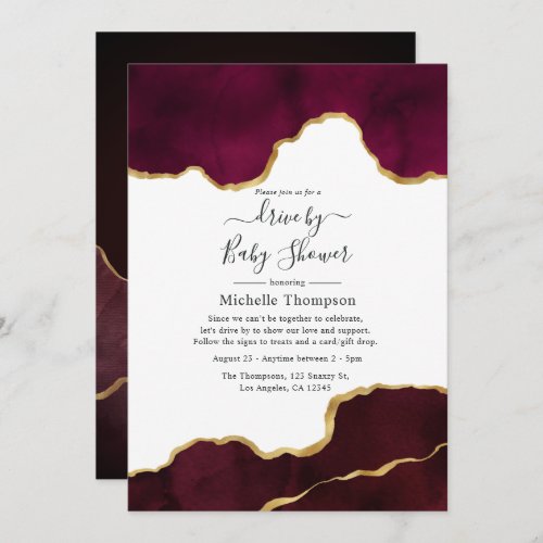 Burgundy and Gold Agate Drive By Shower Invitation