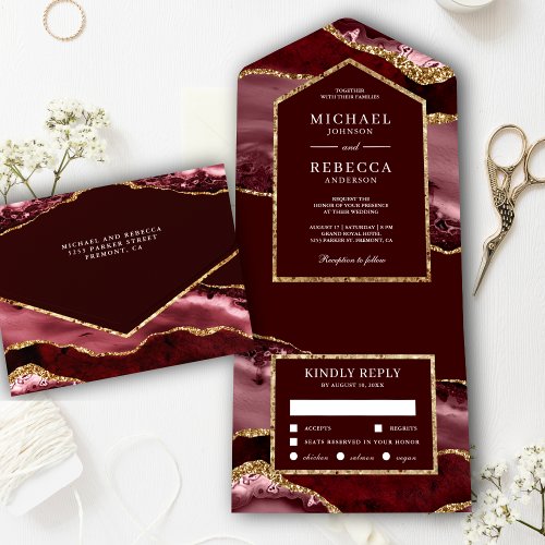 Burgundy and Gold Agate Marble Wedding All In One Invitation