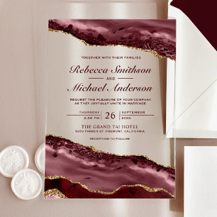 Burgundy and Gold Agate Marble Wedding Invitation