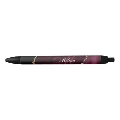 burgundy and gold agate monogram black ink pen