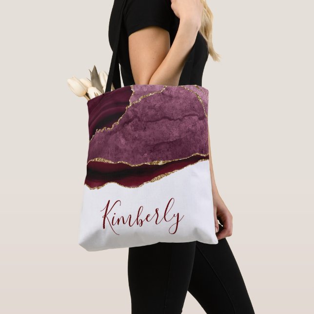 burgundy and gold agate personalized name tote bag (Close Up)