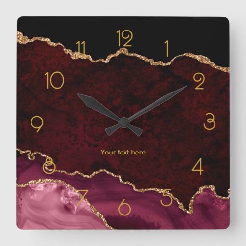 Burgundy and Gold Agate Personalized Square Wall Clock