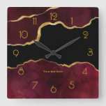Burgundy And Gold Agate Personalized Square Wall Clock at Zazzle