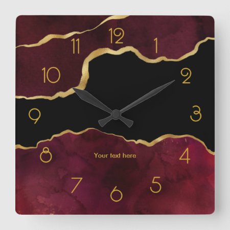 Burgundy And Gold Agate Personalized Square Wall Clock