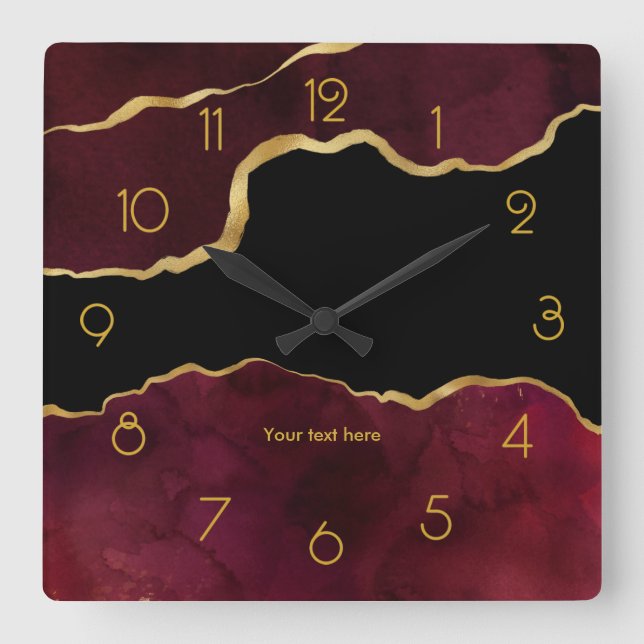 Burgundy and Gold Agate Personalized Square Wall Clock (Front)