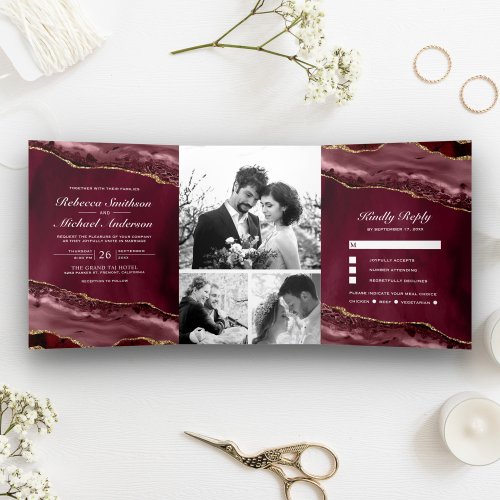 Burgundy and Gold Agate Photo Collage Wedding Tri_Fold Invitation