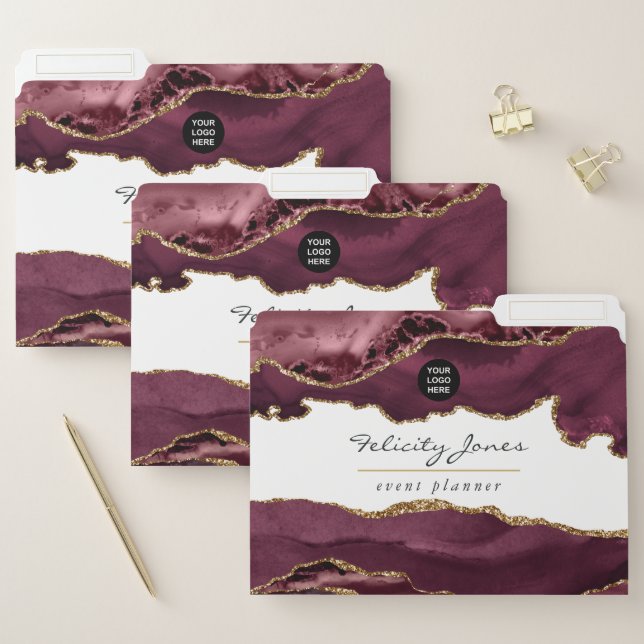 Burgundy and Gold Agate Precious Stone Business File Folder (Set)