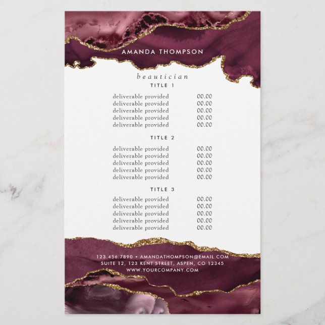 Burgundy and Gold Agate Precious Stone Pricing Flyer (Front)