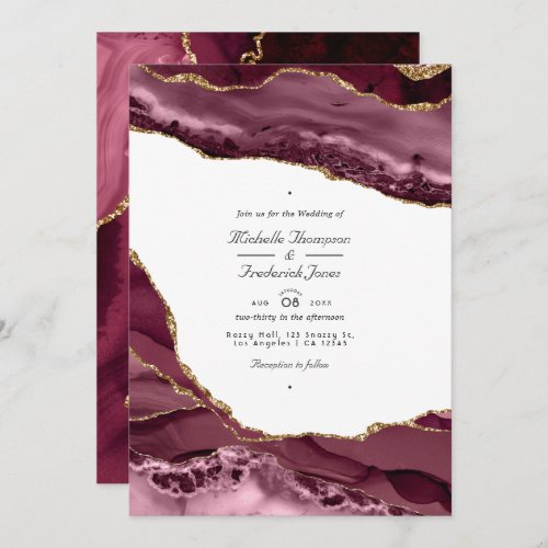 Burgundy and Gold Agate QR Code RSVP Wedding Invitation
