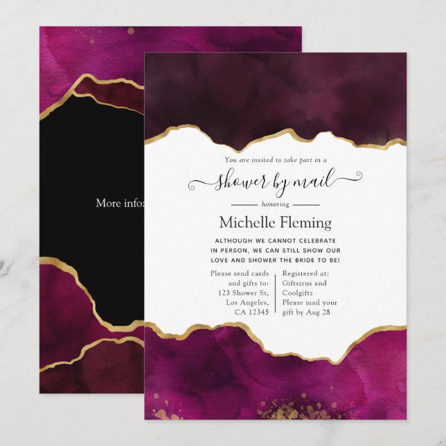 Burgundy and Gold Agate Shower by Mail Invitation (Front/Back)