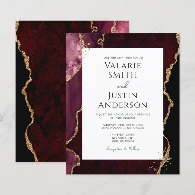 Burgundy and Gold Agate Stone Budget Wedding  (Front/Back)