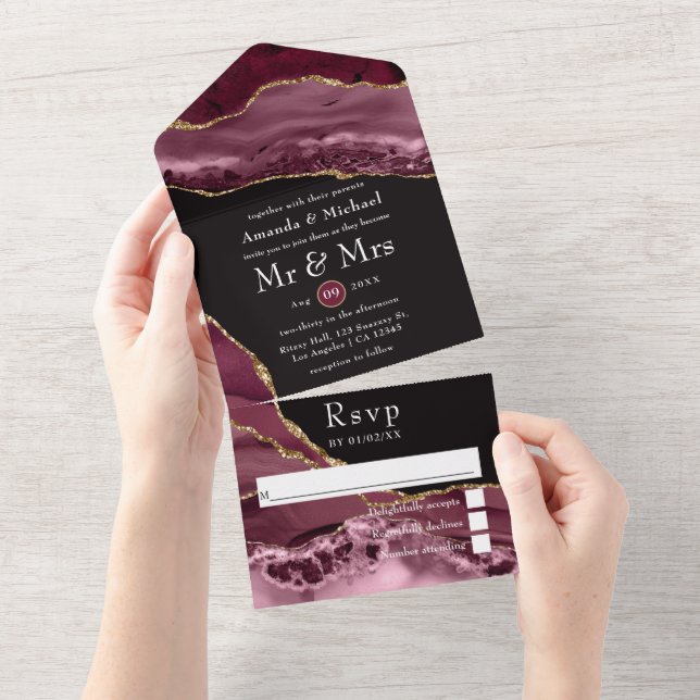 Burgundy and Gold Agate Stone Wedding All In One Invitation (Tearaway)
