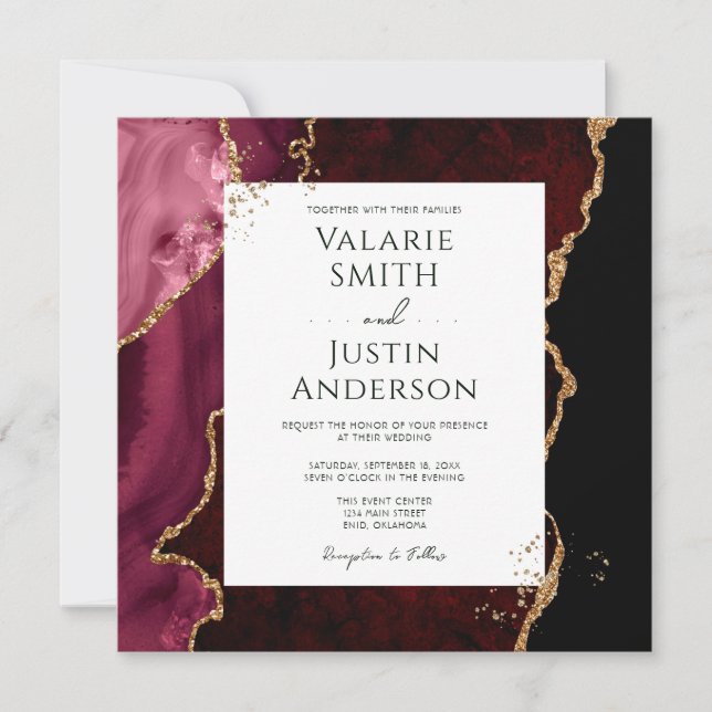 Burgundy and Gold Agate Stone Wedding Invitation (Front)