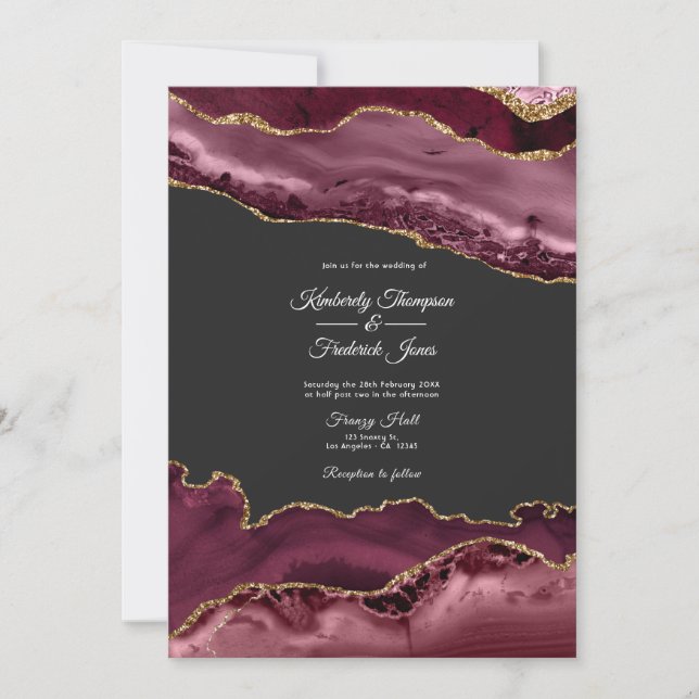Burgundy and Gold Agate Stone Wedding Invitation (Front)