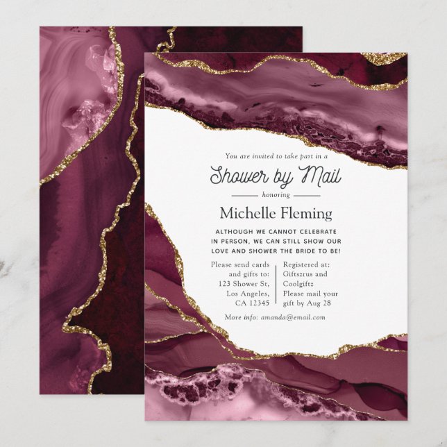 Burgundy and Gold Agate Virtual Bridal Shower Invitation (Front/Back)