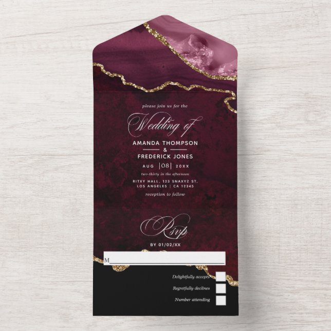 Burgundy and Gold Agate Wedding All In One Invitat All In One Invitation (Inside)