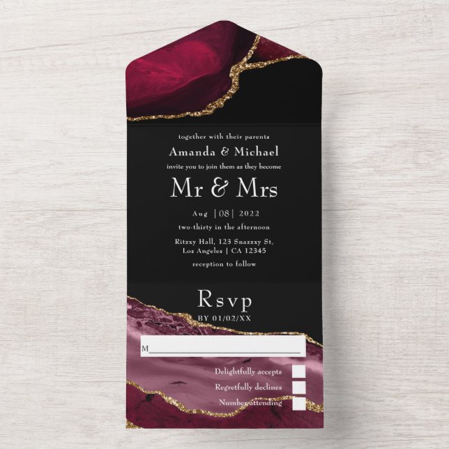 Burgundy and Gold Agate Wedding All In One Invitat All In One Invitation (Inside)
