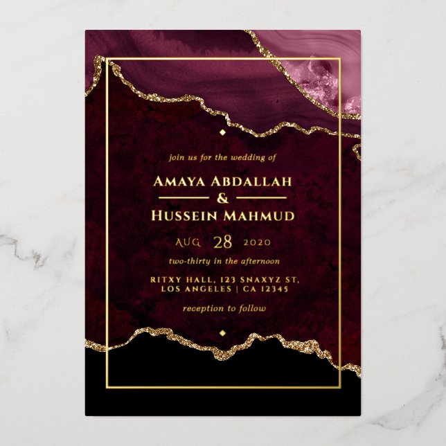 Burgundy and Gold Agate Wedding Foil Invitation (Front)
