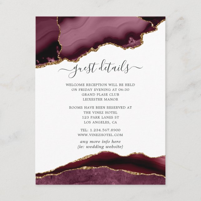 Burgundy and Gold Agate Wedding Guest Details Enclosure Card (Front)