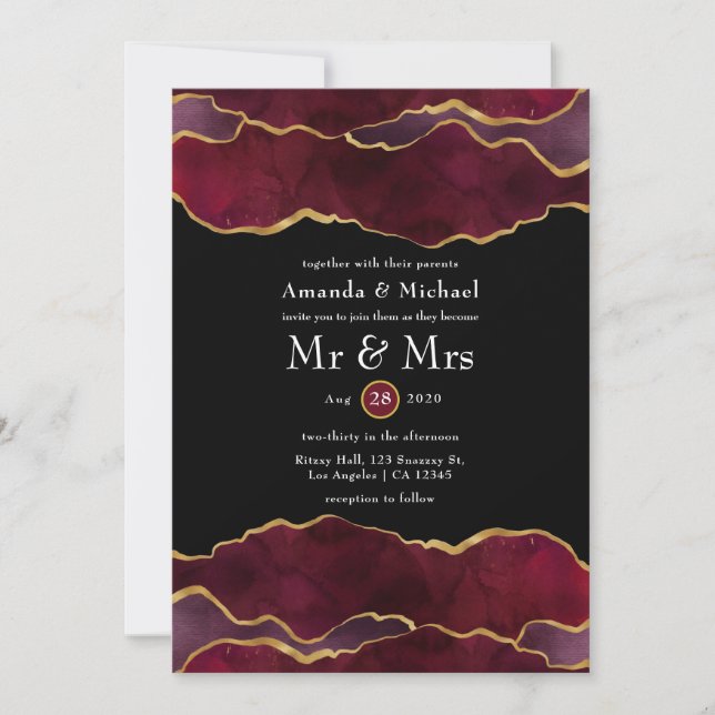 Burgundy and Gold Agate Wedding Invitation (Front)