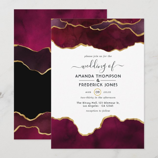 Burgundy and Gold Agate Wedding Invitation (Front/Back)
