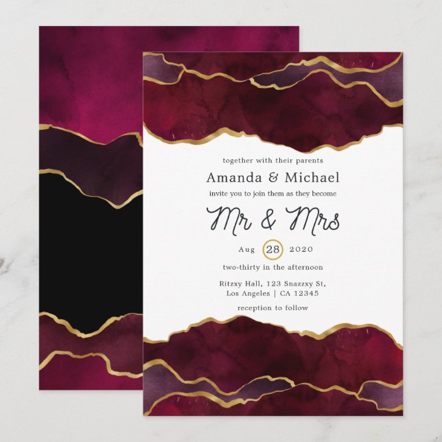 Burgundy and Gold Agate Wedding Invitation (Front/Back)