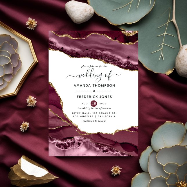 Burgundy and Gold Agate Wedding Invitation (Creator Uploaded)