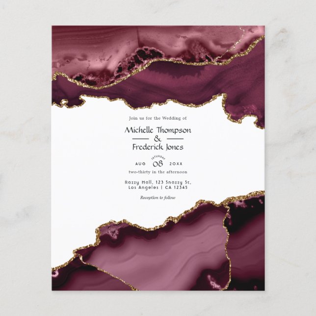 Burgundy and Gold Agate Wedding Invitation Flyer (Front)