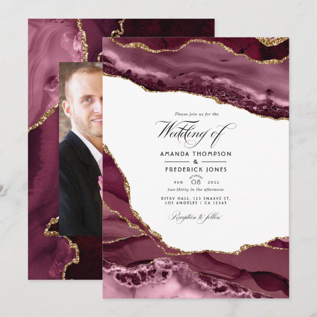 Burgundy and Gold Agate Wedding Photo Invitation (Front/Back)