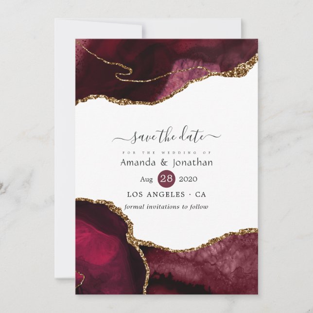 Burgundy and Gold Agate Wedding Save The Date (Front)