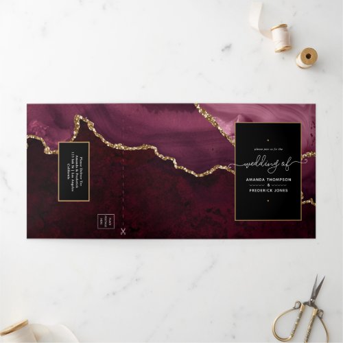 Burgundy and Gold Agate Wedding Tri_Fold Invitation