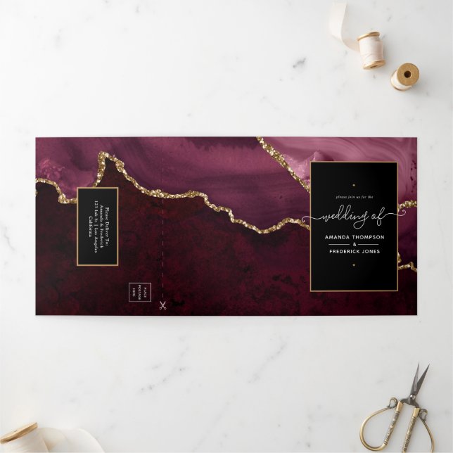 Burgundy and Gold Agate Wedding Tri-Fold Invitation (Outside)