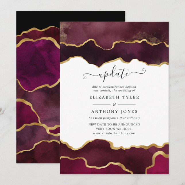 Burgundy and Gold Agate Wedding Update Invitation (Front/Back)