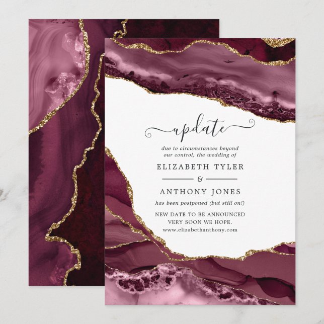 Burgundy and Gold Agate Wedding Update Invitation (Front/Back)