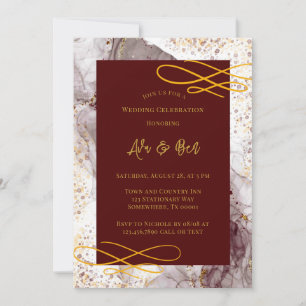 Burgundy and Gold Alcohol Ink All In One Wedding Invitation