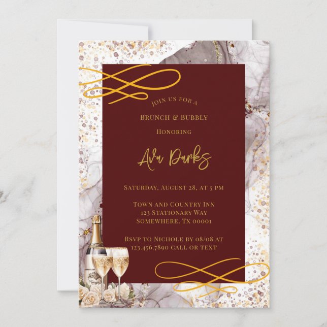 Burgundy and Gold Alcohol Ink Brunch & Bubbly Invitation (Front)