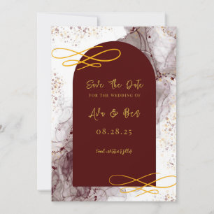 Burgundy and Gold Alcohol Ink Save The Date Invitation