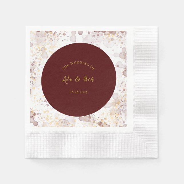 Burgundy and Gold Alcohol Ink Wedding Napkins (Front)