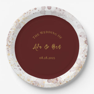 Burgundy and Gold Alcohol Ink Wedding Paper Plates