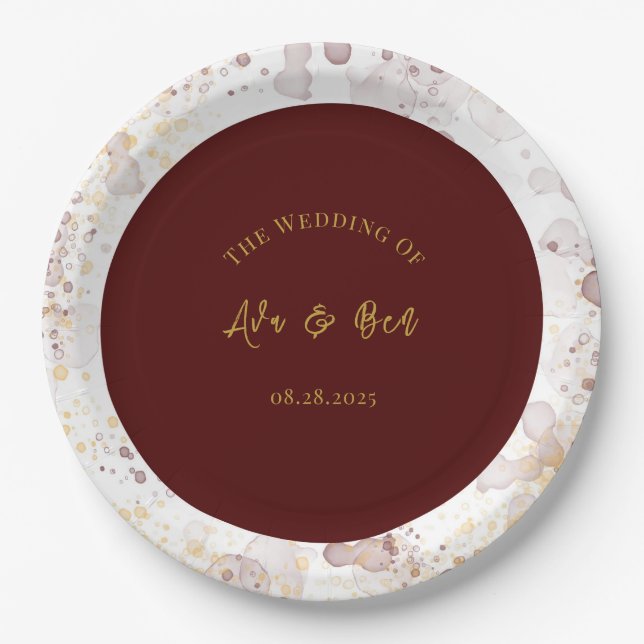 Burgundy and Gold Alcohol Ink Wedding Paper Plates (Front)