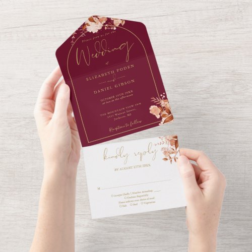 Burgundy And Gold Arch Fall Floral Wedding All In One Invitation