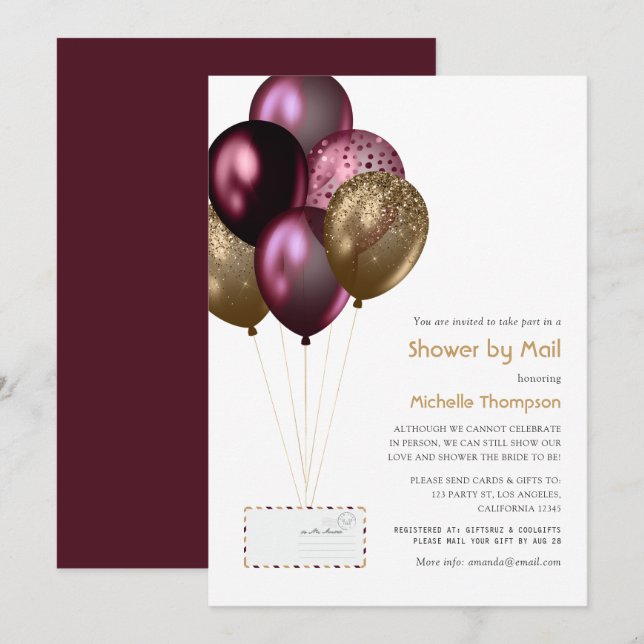 Burgundy and Gold Baby or Bridal Shower by Mail Invitation (Front/Back)