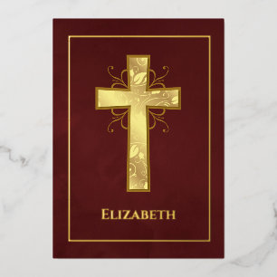 Burgundy and Gold Baptism or Christening Filigree  Foil Invitation