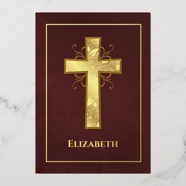 Burgundy and Gold Baptism or Christening Filigree  Foil Invitation (Front)