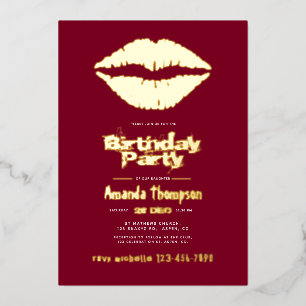 Burgundy and Gold Birthday Kiss Lips Foil Invitation