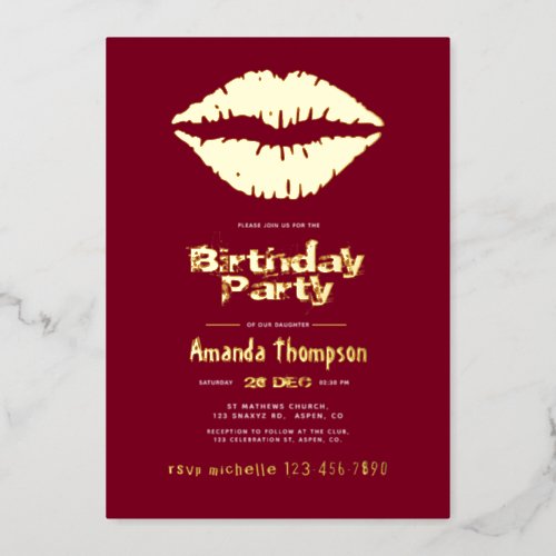Burgundy and Gold Birthday Kiss Lips Foil Invitation