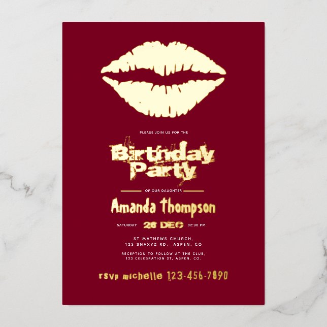 Burgundy and Gold Birthday Kiss Lips Foil Invitation (Front)
