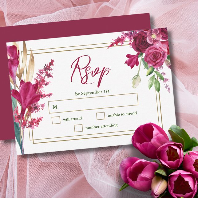 Burgundy and Gold Bloom Garden Wedding RSVP Card (Creator Uploaded)
