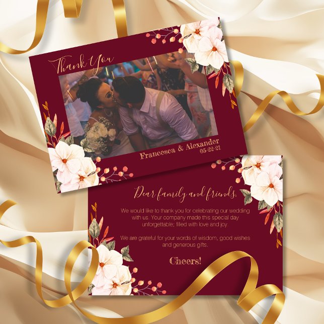 Burgundy and Gold Blush Orange Floral Photo Thank You Card (Creator Uploaded)